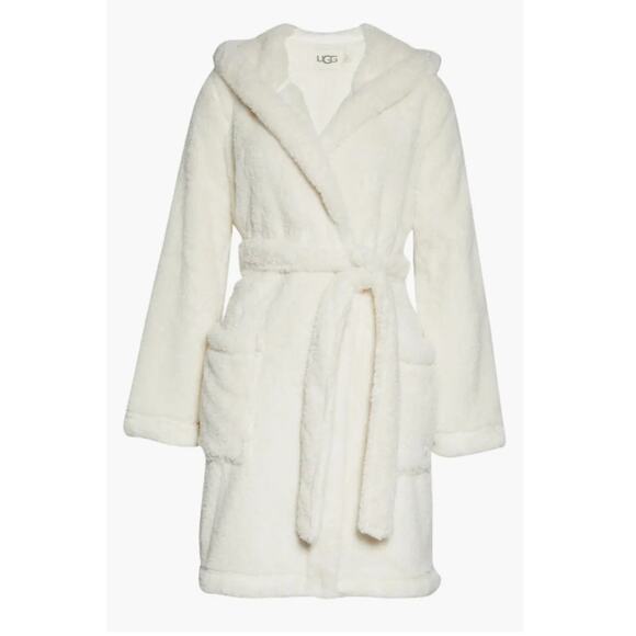 UGG Aarti Faux Shearling Hooded Robe Sz L cozy Large cream sherpa MSPR $98 - Picture 1 of 9